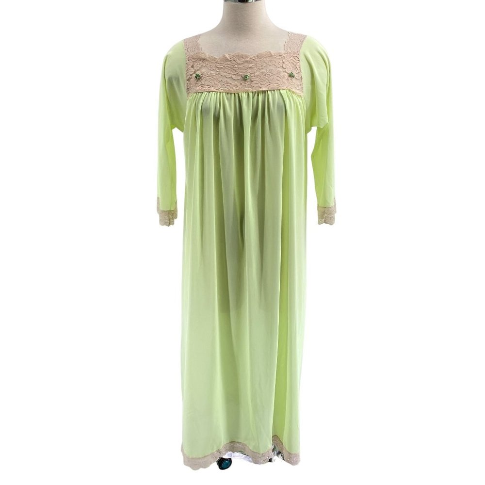 Vintage Radcliffe nylon nightgown size small bright green LS lace trim 60s
